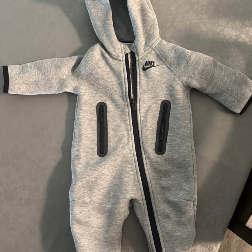 Nike Grey Hooded Baby One-Piece with Black Accents